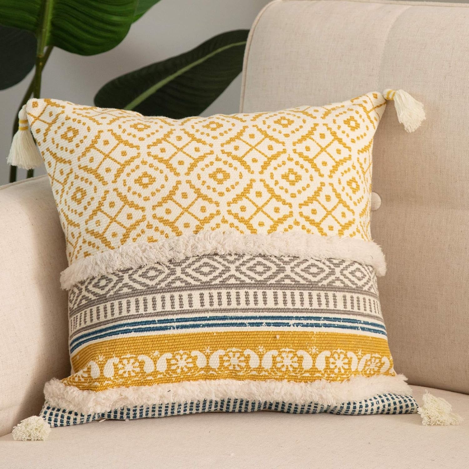 Boho Tufted Decorative Throw Pillow Covers for Couch Sofa - Modern Moroccan Pillow Case with Tassels, Accent Decor Large Pillowcase for Bedroom Living Room Car Hotel, 22 X 22 Inches, Yellow