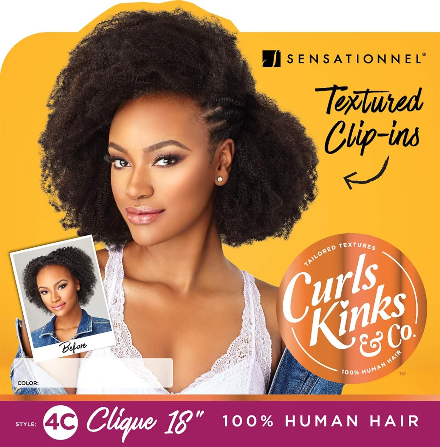 Human Hair Clip on Weave Curls Kinks & Co 4C Clique (18", NATURAL)