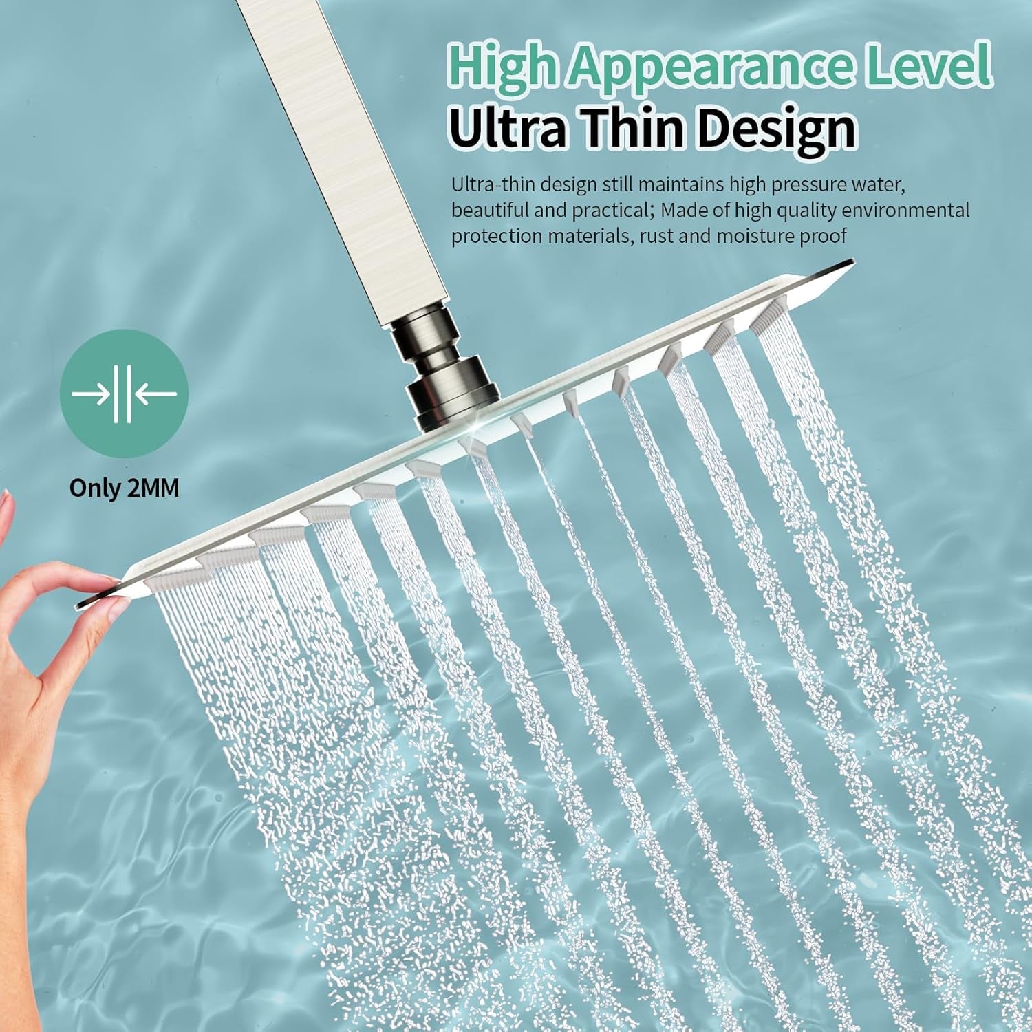 12 Inch Rain Shower Head, High Pressure Rainfall Showerhead Large Waterfall Shower Head Ultra Thin Water Saving, Brushed Nickel 304 Stainless Steel