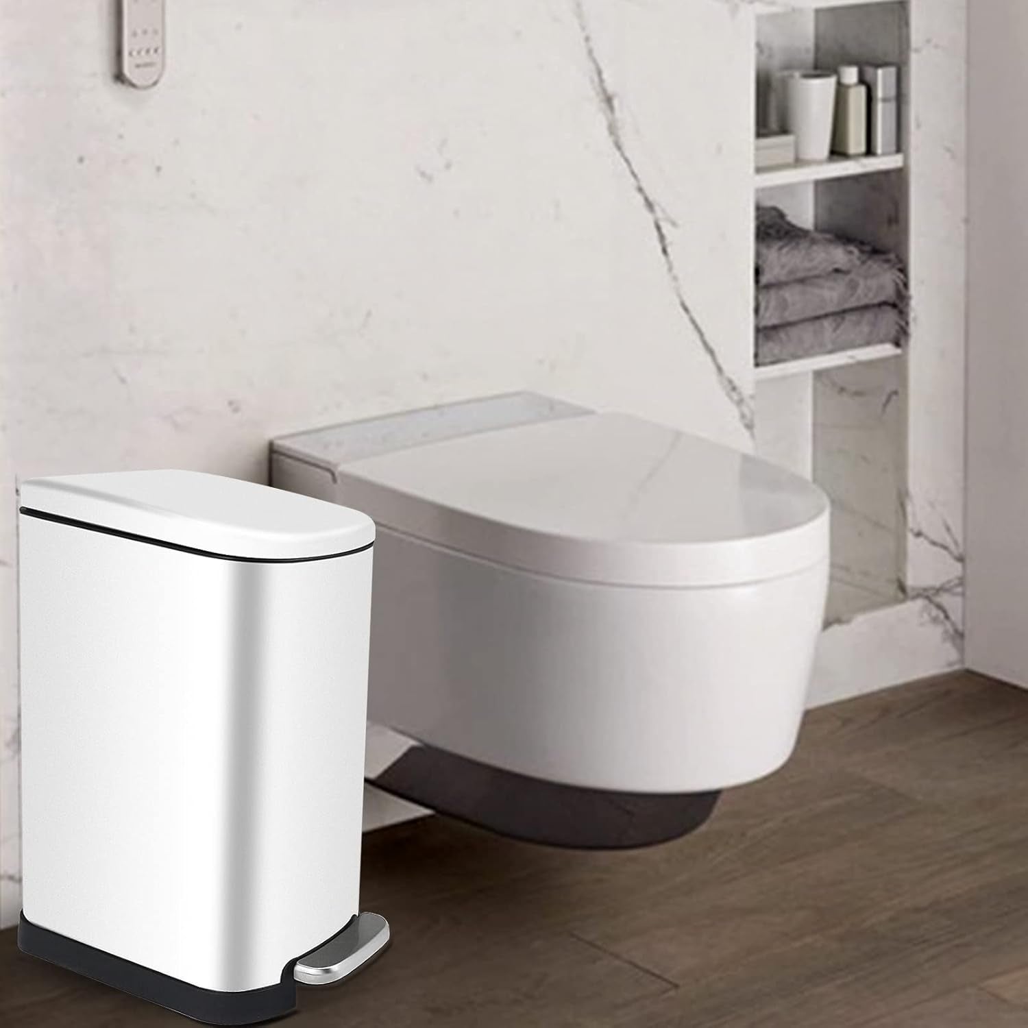 10 Liter/2.6 Gallon Small Trash Can with Lid Soft Close, Removable Inner Waste Basket, Rectangular Slim Garbage Can for Bathroom Bedroom Office Nursery, Narrow Step Trash Bin, White