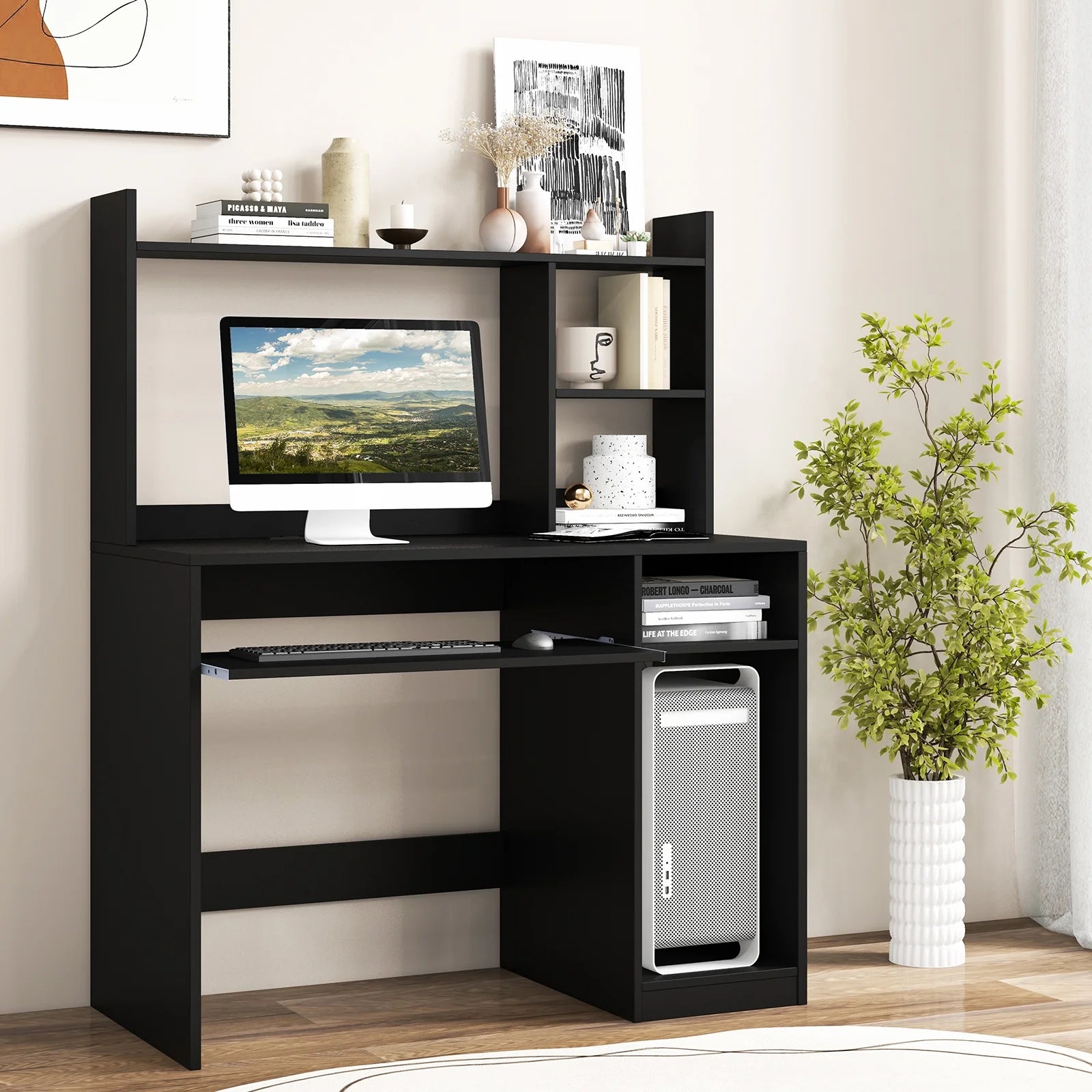 Computer Desk PC Laptop Study Table Bookcase Workstation Shelves&Keyboard Tray