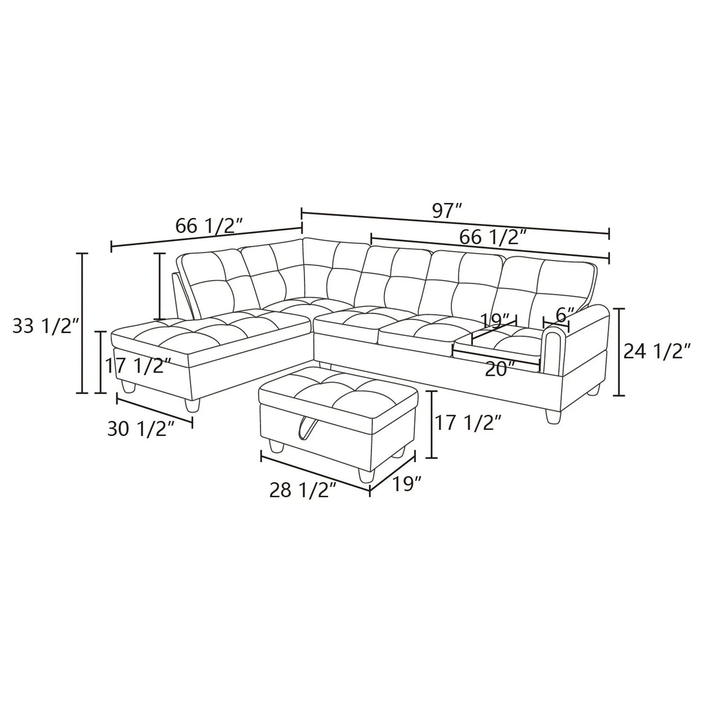 Sofa Set,Flannel Living Room Sofa Set,L-Shaped Sectional Sofa,2-Piece Couch Living Room,Dark Brown