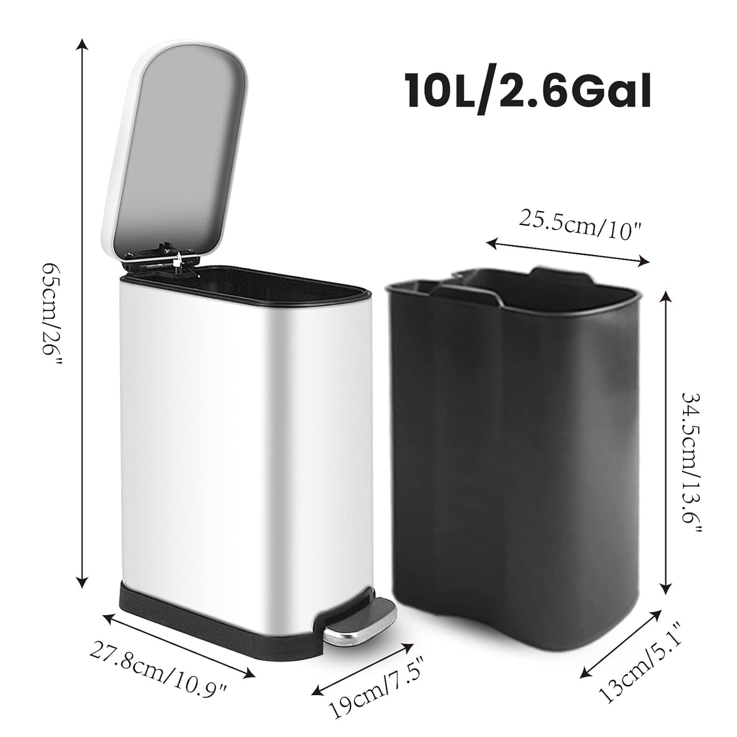 10 Liter/2.6 Gallon Small Trash Can with Lid Soft Close, Removable Inner Waste Basket, Rectangular Slim Garbage Can for Bathroom Bedroom Office Nursery, Narrow Step Trash Bin, White
