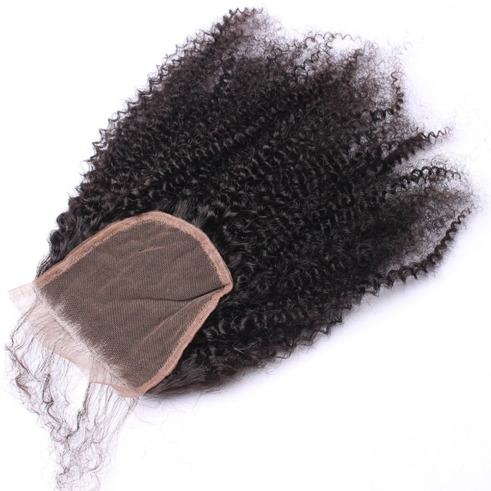 Nicewig 100% Raw Remy Virgin Mongolian 4B 4C Afro Kinky Curly Human Hair Lace Closure with Baby Hair 4"X4"Swiss Lace Free Part Bleached Knots 16"