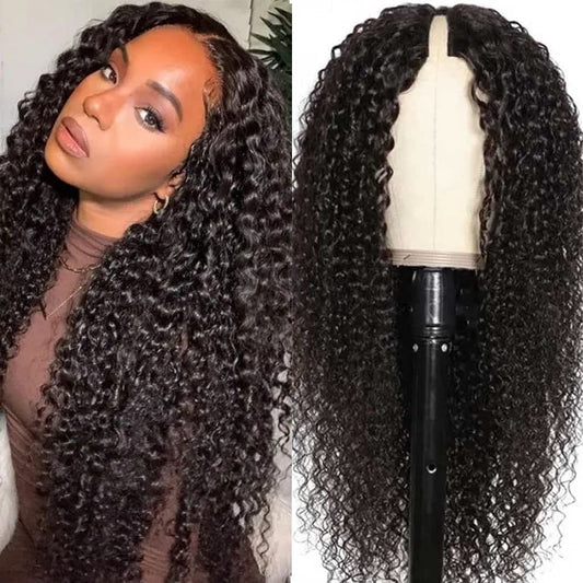 Curly V Part Wig Human Hair Brazilian Virgin Human Hair Wigs for Black Women Upgrade U Part Wig Glueless Full Head Clip in Half Wig V Shape Wig No Leave Out 180% Density Natural Color 16 Inch