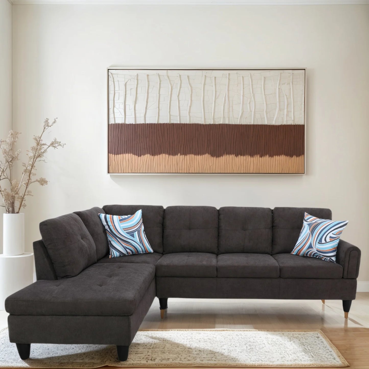 Sofa Set,Flannel Living Room Sofa Set,L-Shaped Sectional Sofa,2-Piece Couch Living Room,Dark Brown