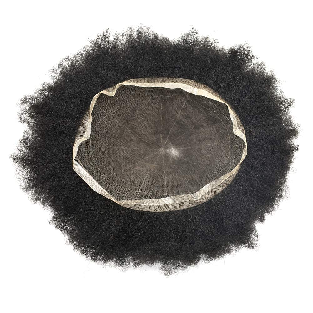 Afro Toupee for Black Men Hair System Replacement 8X10 All Transparent French Lace Kinky Curly Human Hair African American Mens Wigs Hair Unit Afro Wavy 6Mm #1 Jet Black