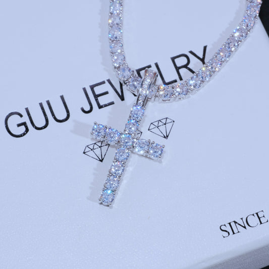 Bundle White Gold Diamond Cross + 4Mm Diamond Tennis Chain