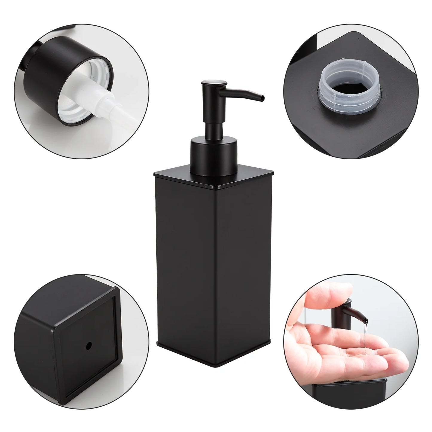 Soap Dispenser, Square Black Soap Dispenser, Premium Aluminium Rustproof Hand Soap Dispenser for Bathroom Kitchen Home Hotel 240 ML