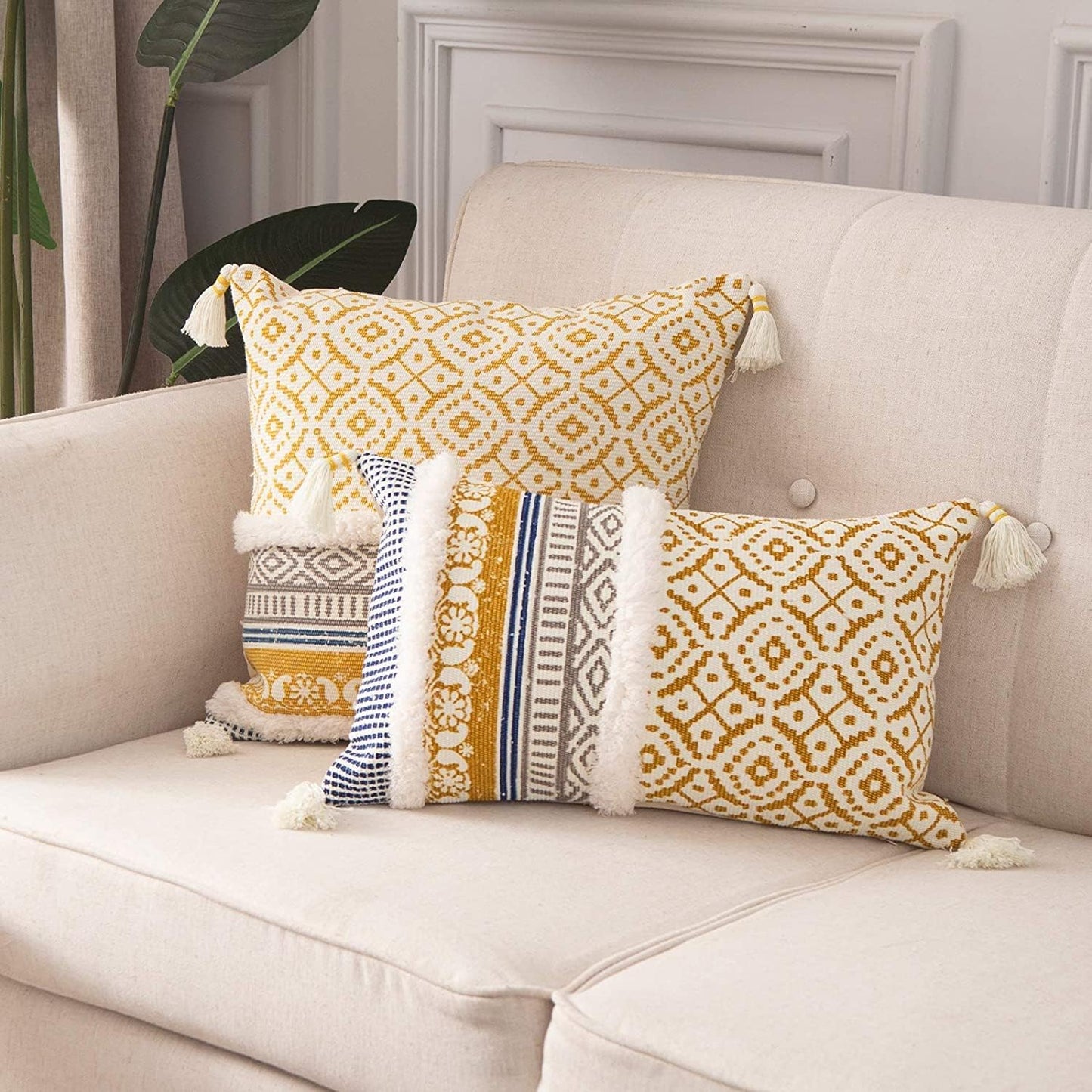 Boho Tufted Decorative Throw Pillow Covers for Couch Sofa - Modern Moroccan Pillow Case with Tassels, Accent Decor Large Pillowcase for Bedroom Living Room Car Hotel, 22 X 22 Inches, Yellow