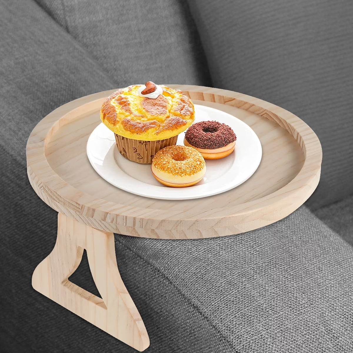 Sofa Arm Clip Table,Natural Pine Wood Sofa Side Tables round Foldable Sofa Armrest Clip-On Tray Table Couch Arm Rest Organizer