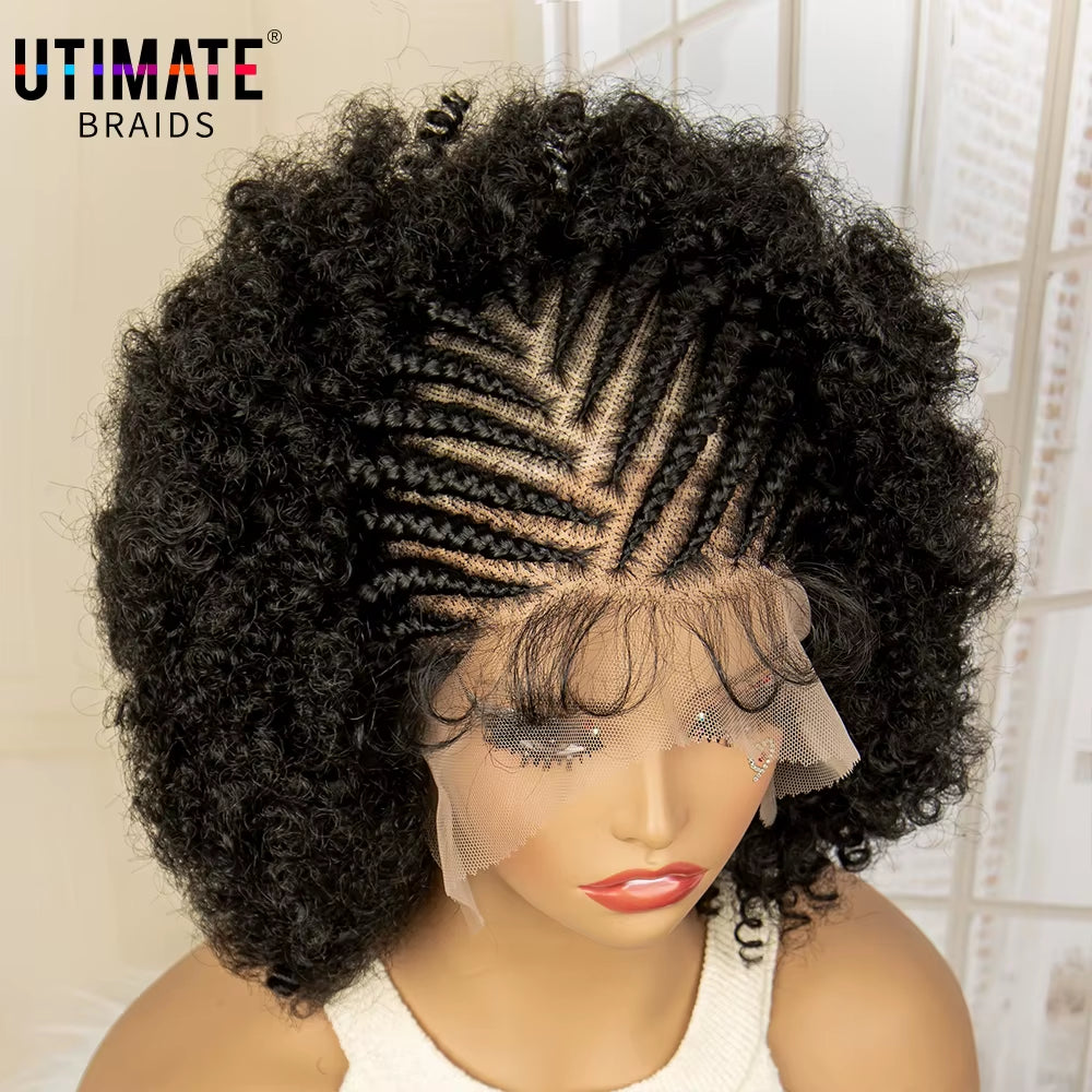Full Lace Afro Braided Wig for Women African Wig Cornrow Braids Lace Wig with Baby Hair 8 Inch Short Kinky Curly Braid Wigs