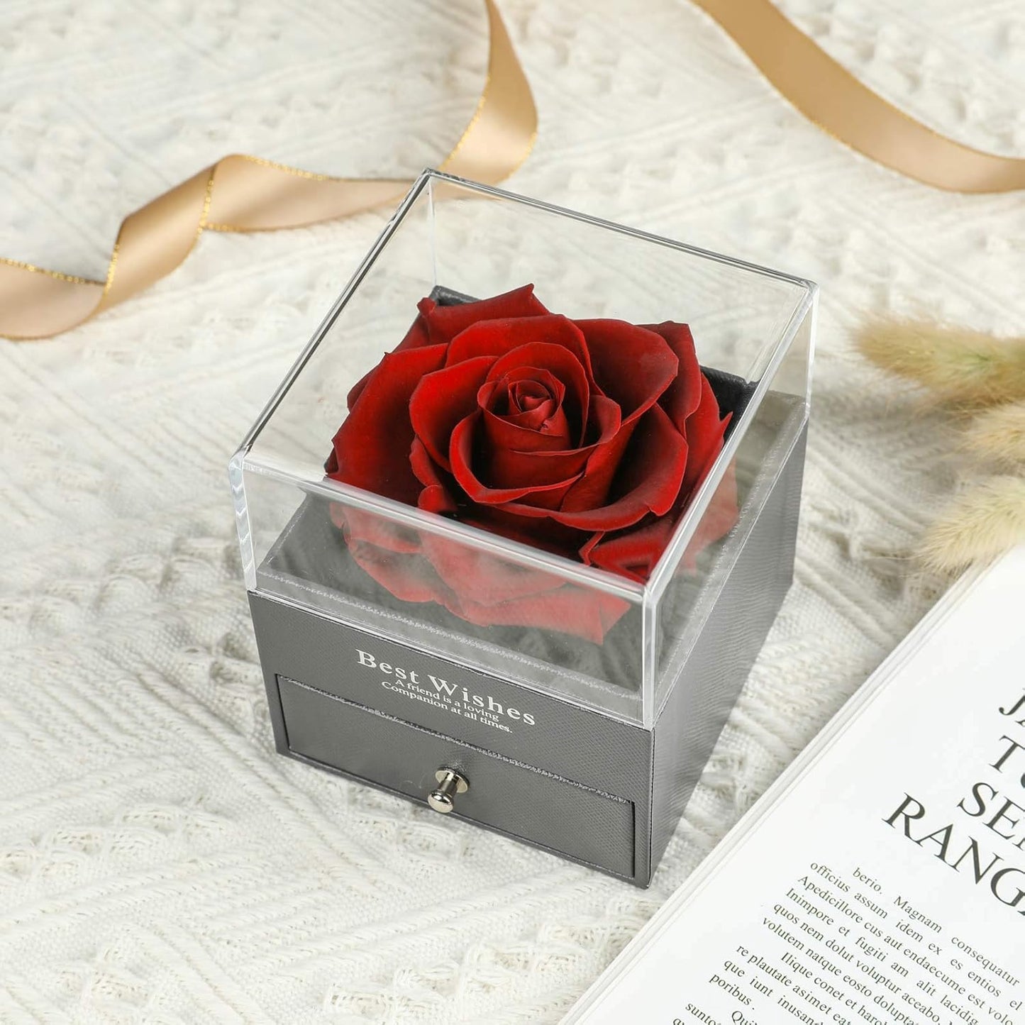 Preserved Real Rose Drawer with Heart Necklace I Love You in 100 Languages Gift Set, Handmade Enchanted Real Rose Flower for Valentine’S Day Anniversary Birthday Romantic Gifts for Her (Wine)