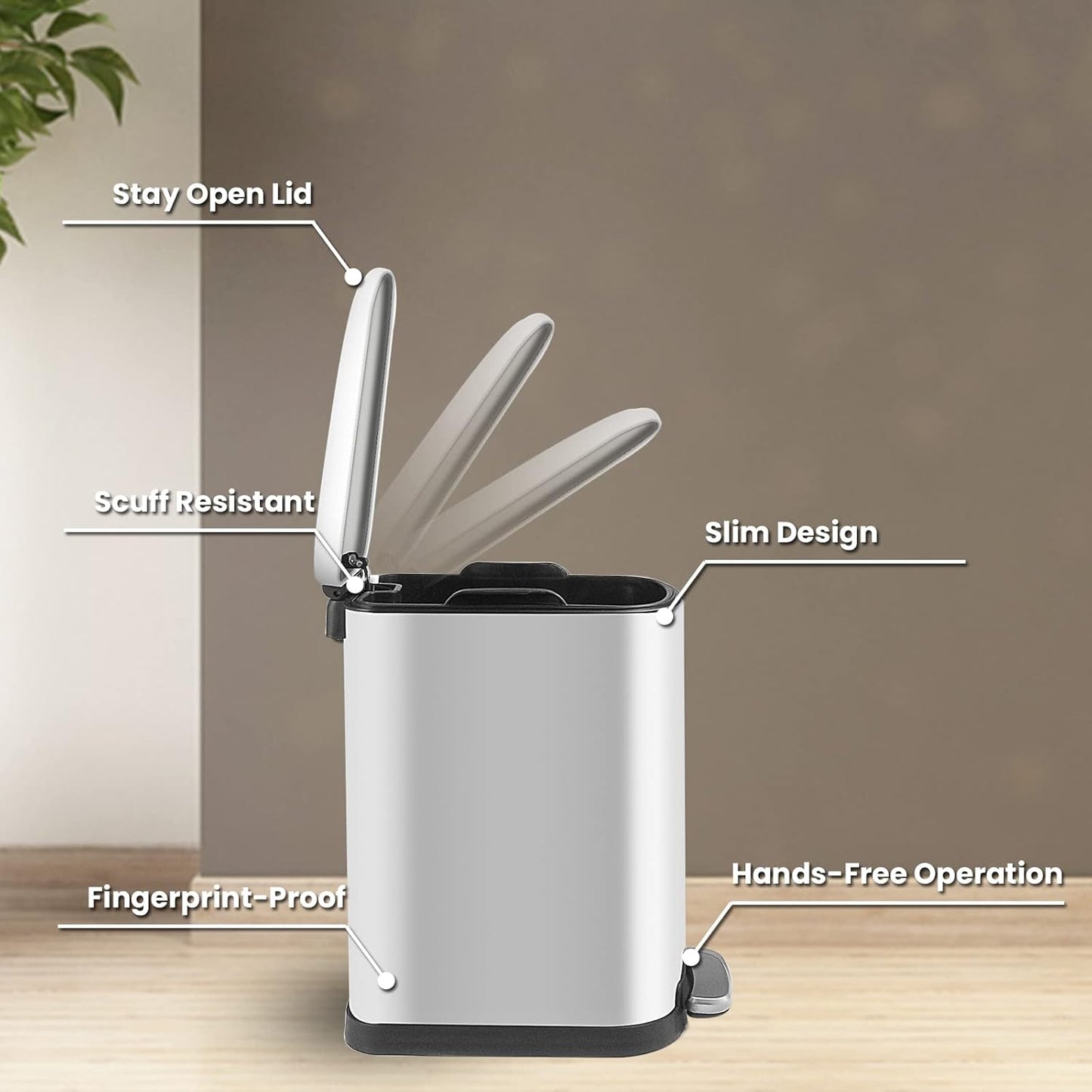 10 Liter/2.6 Gallon Small Trash Can with Lid Soft Close, Removable Inner Waste Basket, Rectangular Slim Garbage Can for Bathroom Bedroom Office Nursery, Narrow Step Trash Bin, White
