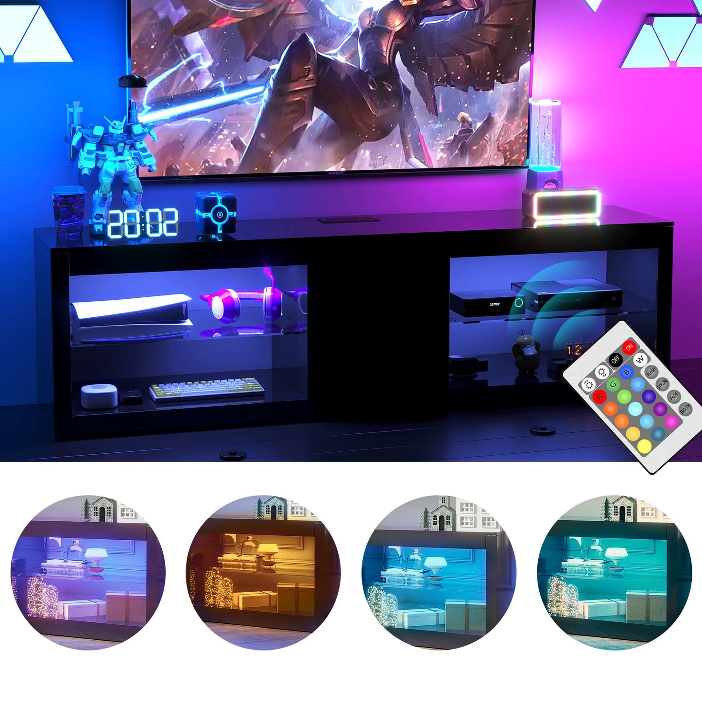 55" LED TV Stand for 55/60" TV, Modern High Gloss TV Cabinet Entertainment Center W/6.5Ft Power Outlet &Adjustable Glass Shelves