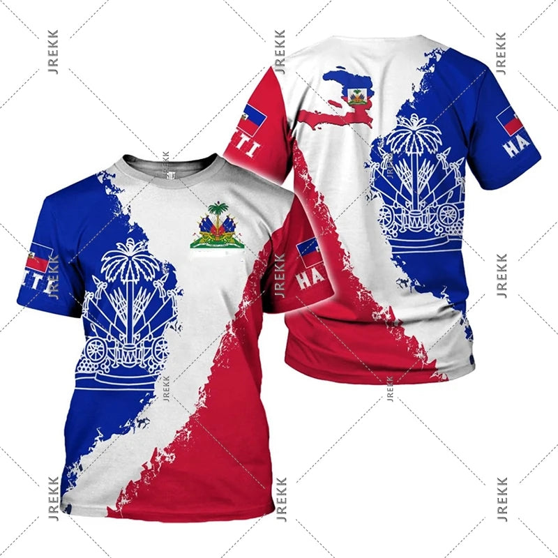 Haiti Flag Day Short Sleeve T-Shirt for Men Women Festival Street Popular Clothes O-Neck T Shirts May 18 Red Blue Print Tee Top