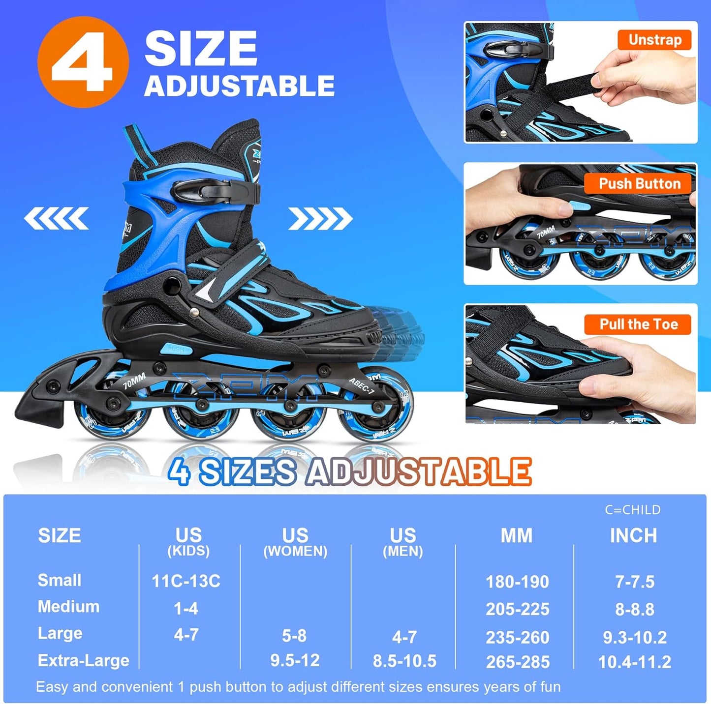 Vinal Girls Adjustable Flashing Inline Skates, All Wheels Light Up, Fun Illuminating Skates for Kids Men Adult Women and Boys