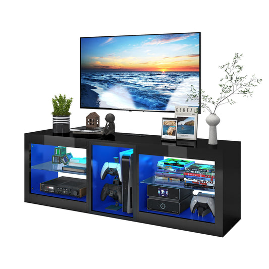 55" LED TV Stand for 55/60" TV, Modern High Gloss TV Cabinet Entertainment Center W/6.5Ft Power Outlet &Adjustable Glass Shelves