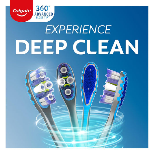 360 Advanced Floss Tip Soft Bristle Toothbrush, 17X Thinner Bristles for Deep Reach between Teeth, Ergonomic Handle with Soft Bristles and Tongue Cleaner, 4 Pack