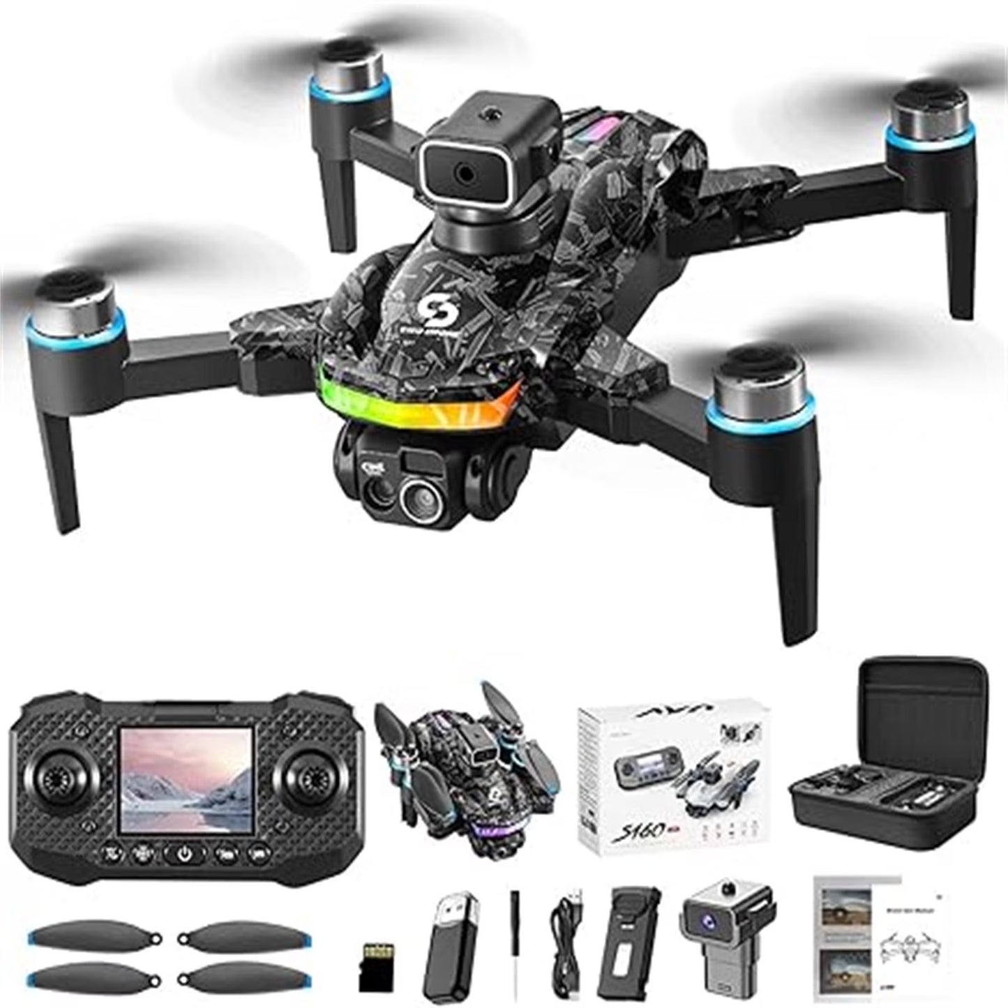 GPS Drones with Camera for Adults and Beginner 4K, FPV Drone New S160 Remote Control Folding Light Brushless Aircraft Intelligent Obstacle Avoidance HD Screen Aerial Drone