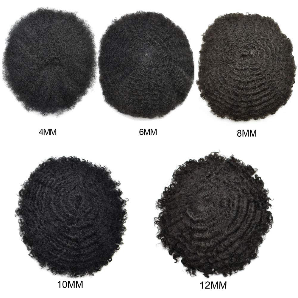 Afro Toupee for Black Men Hair System Replacement 8X10 All Transparent French Lace Kinky Curly Human Hair African American Mens Wigs Hair Unit Afro Wavy 6Mm #1 Jet Black