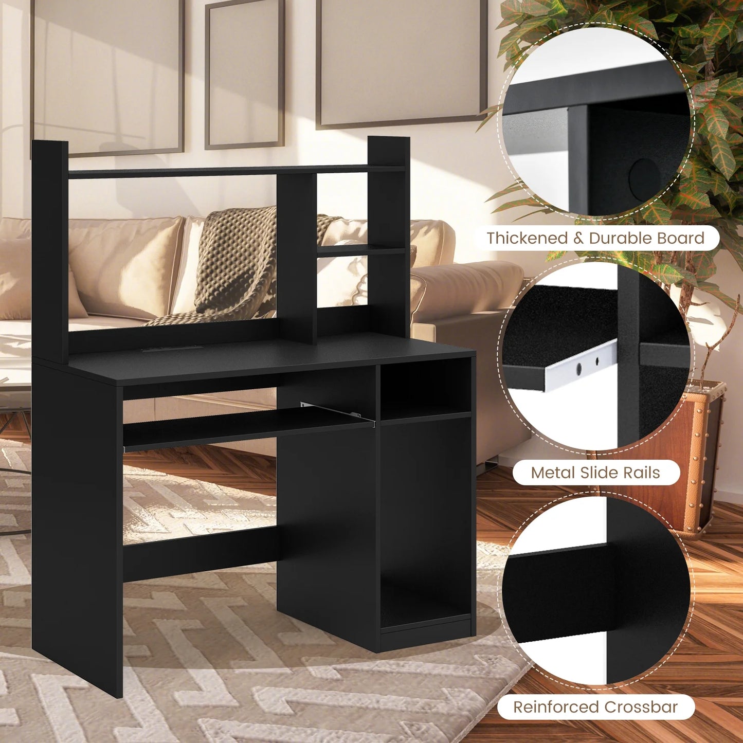 Computer Desk PC Laptop Study Table Bookcase Workstation Shelves&Keyboard Tray