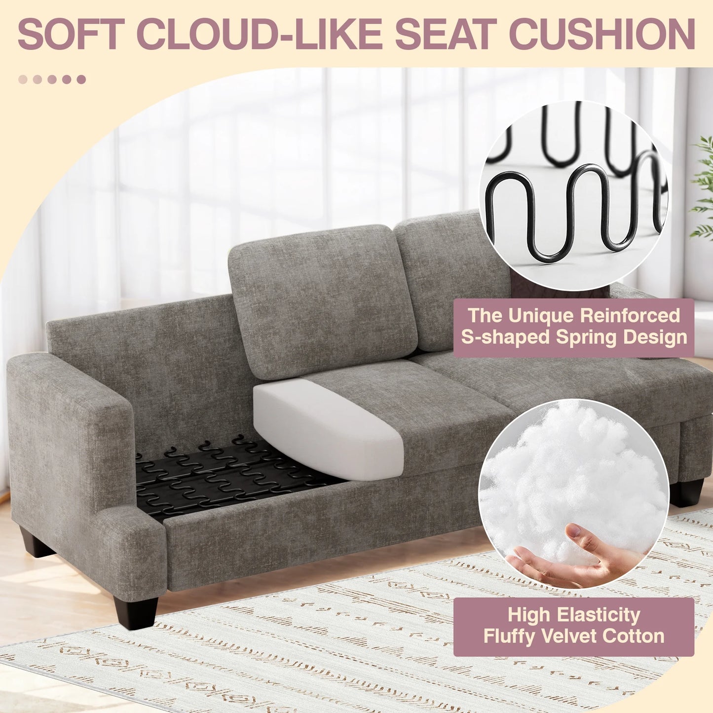 Comfy Sofa Couch, Upholstered Deep 3 Seats Sofa for Living Room, Chenille Fabric Sofa Couch with Reovable Cover, Gray