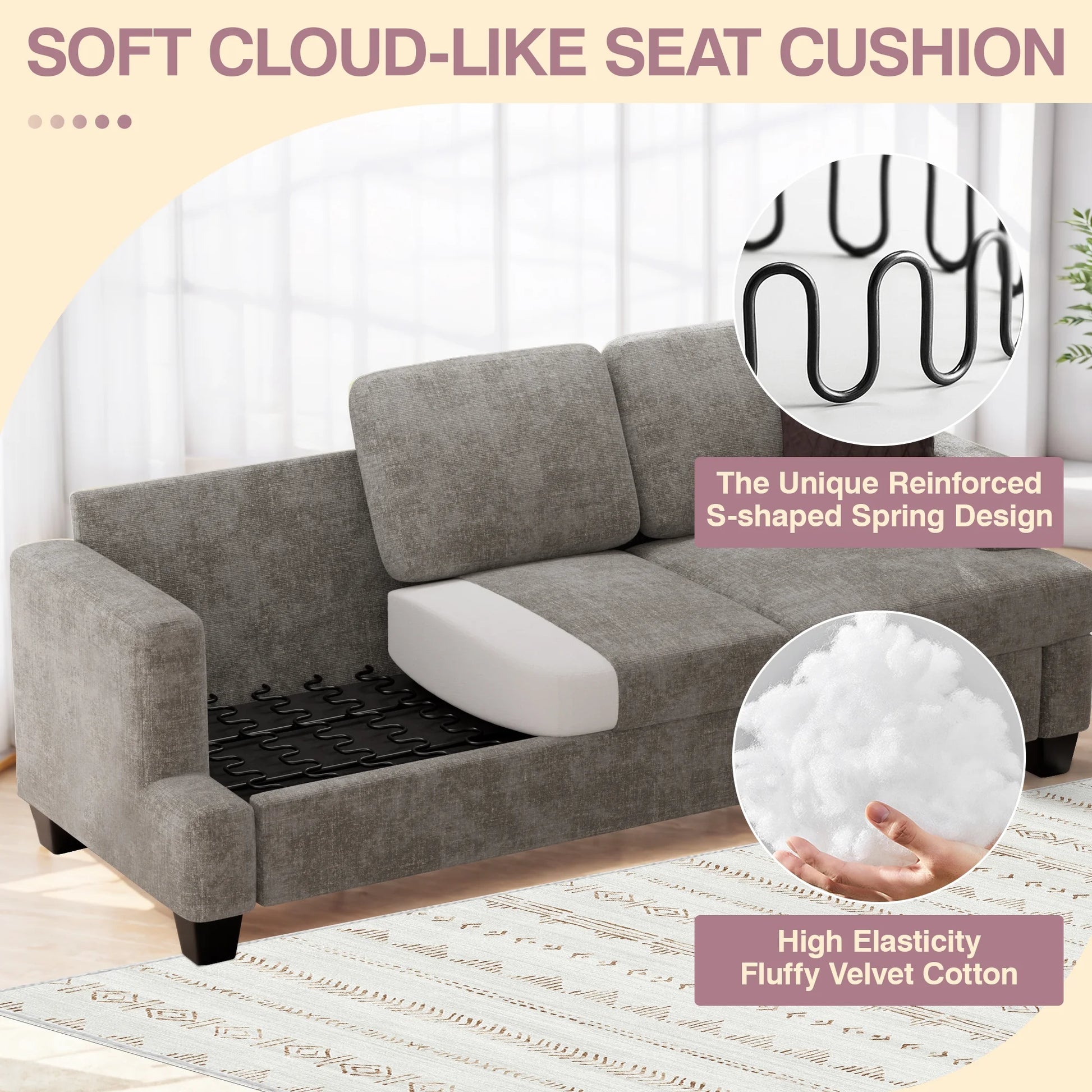 Comfy Sofa Couch, Upholstered Deep 3 Seats Sofa for Living Room, Chenille Fabric Sofa Couch with Reovable Cover, Gray