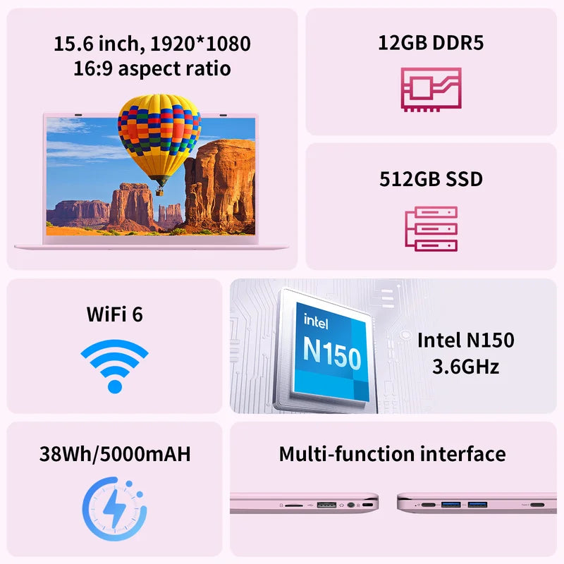 Laptop  15.6" Windows 11 PC Intel N150 4C4T 12GB+512GB, Notebook Pink