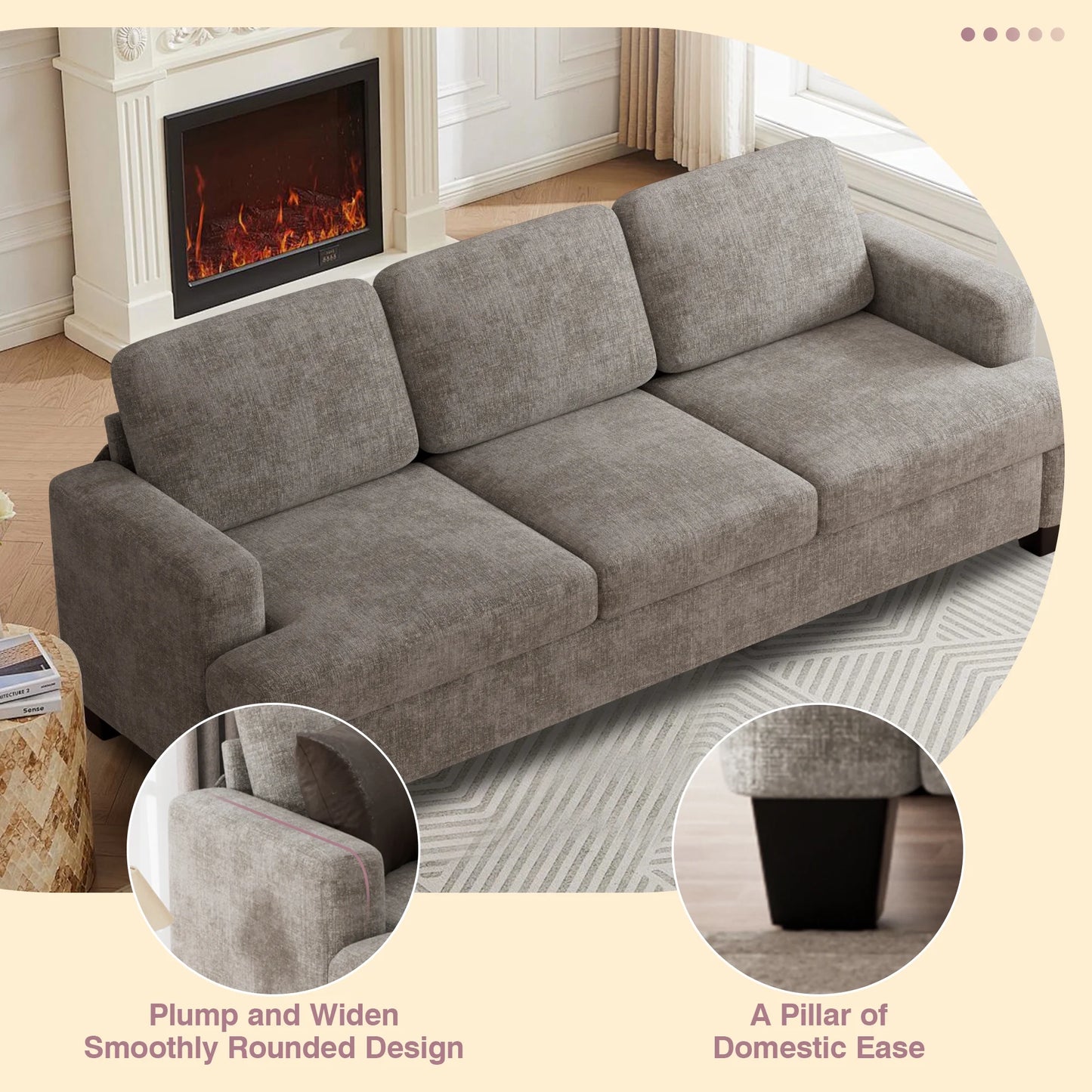 Comfy Sofa Couch, Upholstered Deep 3 Seats Sofa for Living Room, Chenille Fabric Sofa Couch with Reovable Cover, Gray