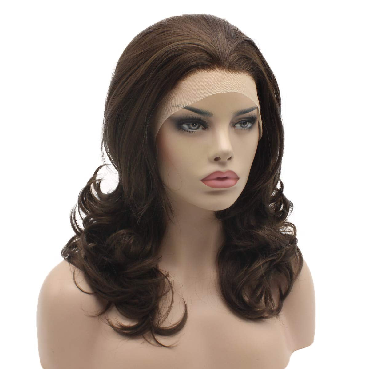 Medium Length 16Inch Ash Brown Mix Wig Heat Friendly Heavy Density Synthetic Lace Front Wig