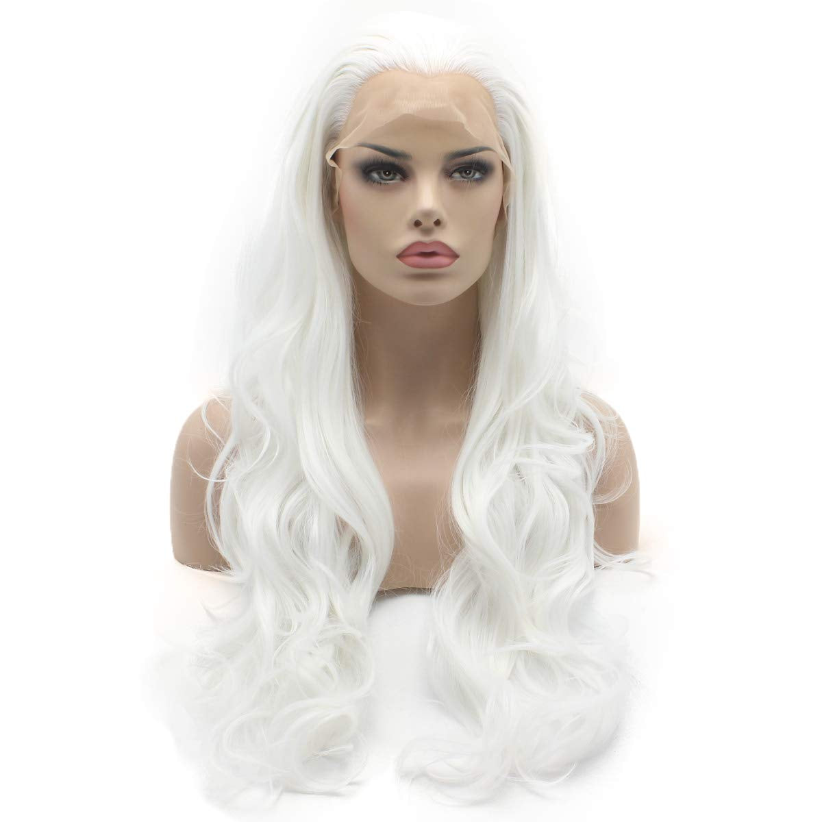 Wavy Long 26Inch White Wig Heat Friendly Full Density Realistic Synthetic Lace Front Wig