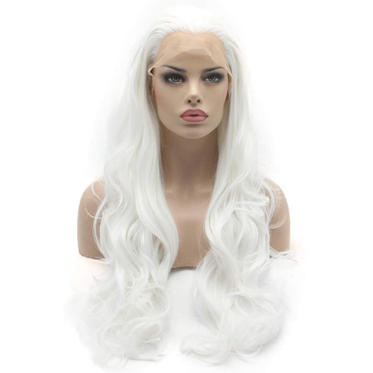 Wavy Long 26Inch White Wig Heat Friendly Full Density Realistic Synthetic Lace Front Wig