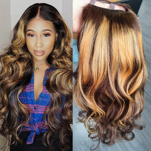 22Inch Ombre Highlight U Part Wig Human Hair Body Wave for Women 4/27 Balayage Brown Blonde 180% 1X4 U Open Full Head Upart Natural Hair Half Wig Clips in Scalp Protective Beginner Friendly