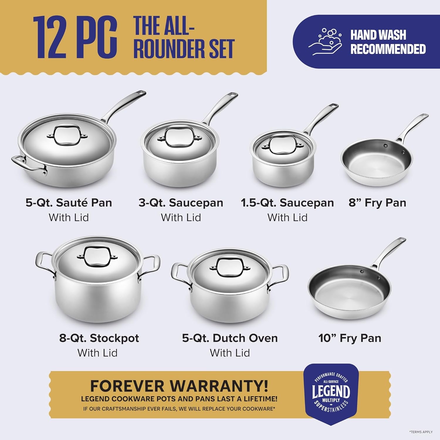 Stainless Steel Cookware Set | 5 Ply 12-Piece Pot and Pan Set Induction Compatible, Non-Toxic | Best Heavy Duty 18/8 Full Clad Construction | Oven Safe Even Heating PFOA PTFE PFOS Free