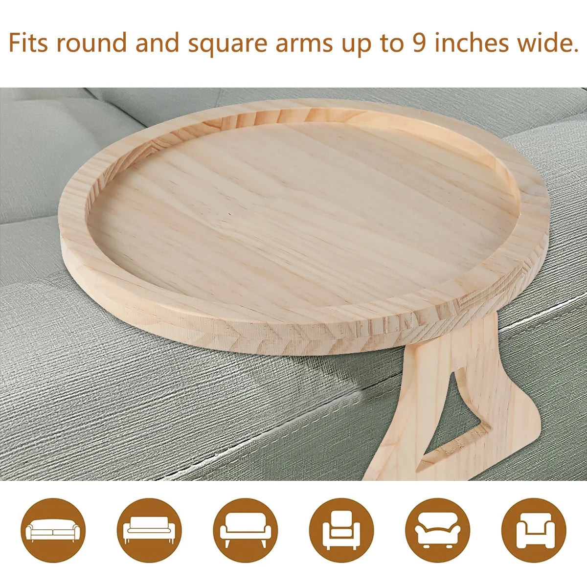 Sofa Arm Clip Table,Natural Pine Wood Sofa Side Tables round Foldable Sofa Armrest Clip-On Tray Table Couch Arm Rest Organizer