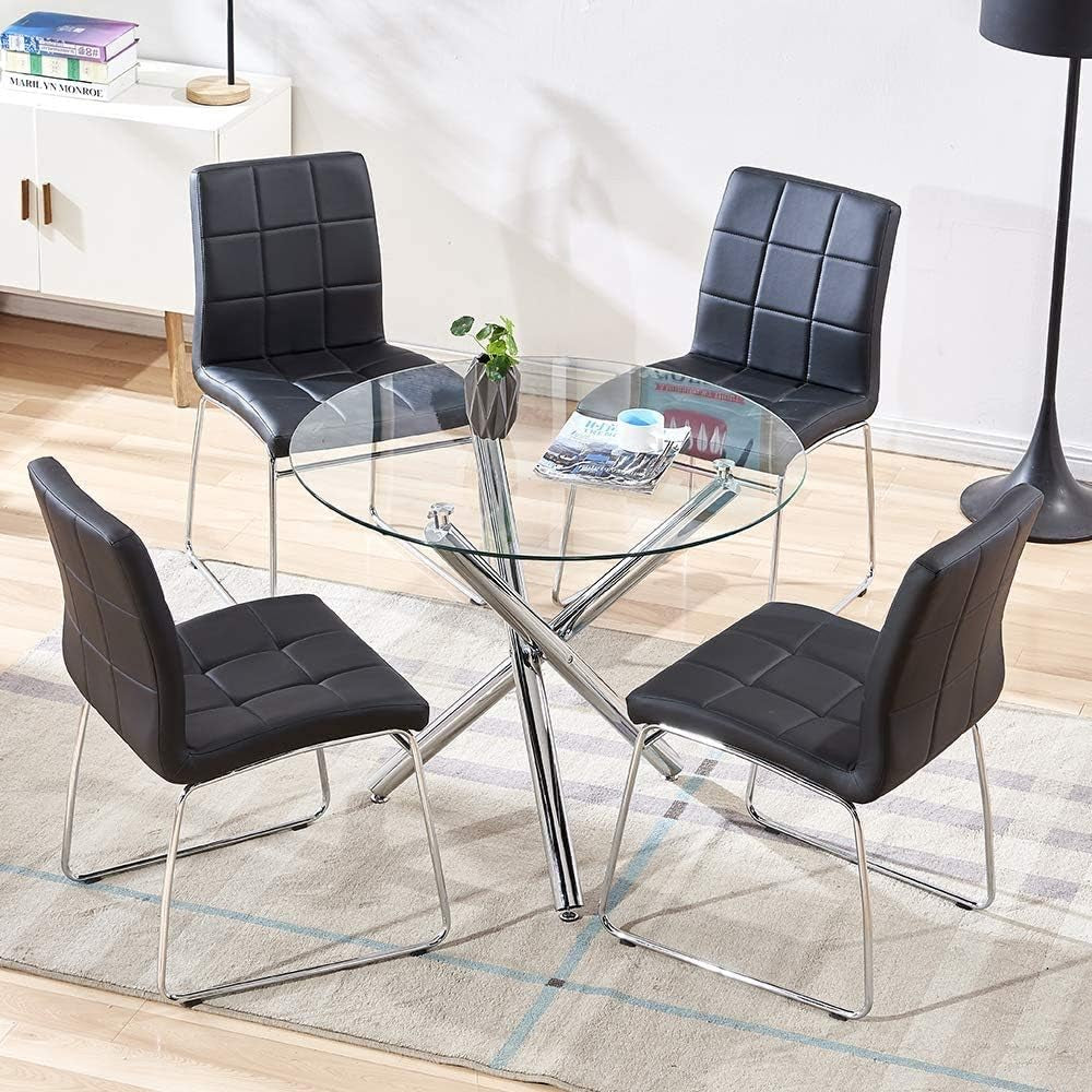 Glass round Dining Table with Clear Tempered Top - Modern Kitchen End Table for Leisure Tea and Coffee
