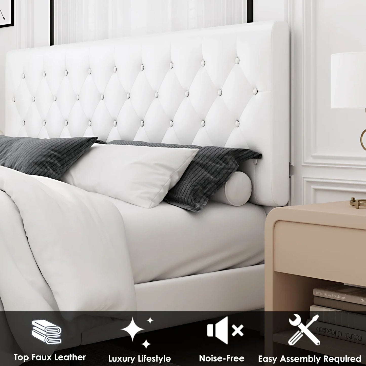 Full Bed Frame, White Faux Leather Upholstered Button Tufted Low Profile Platform Bed Frame with Adjustable Headboard for Bedroom