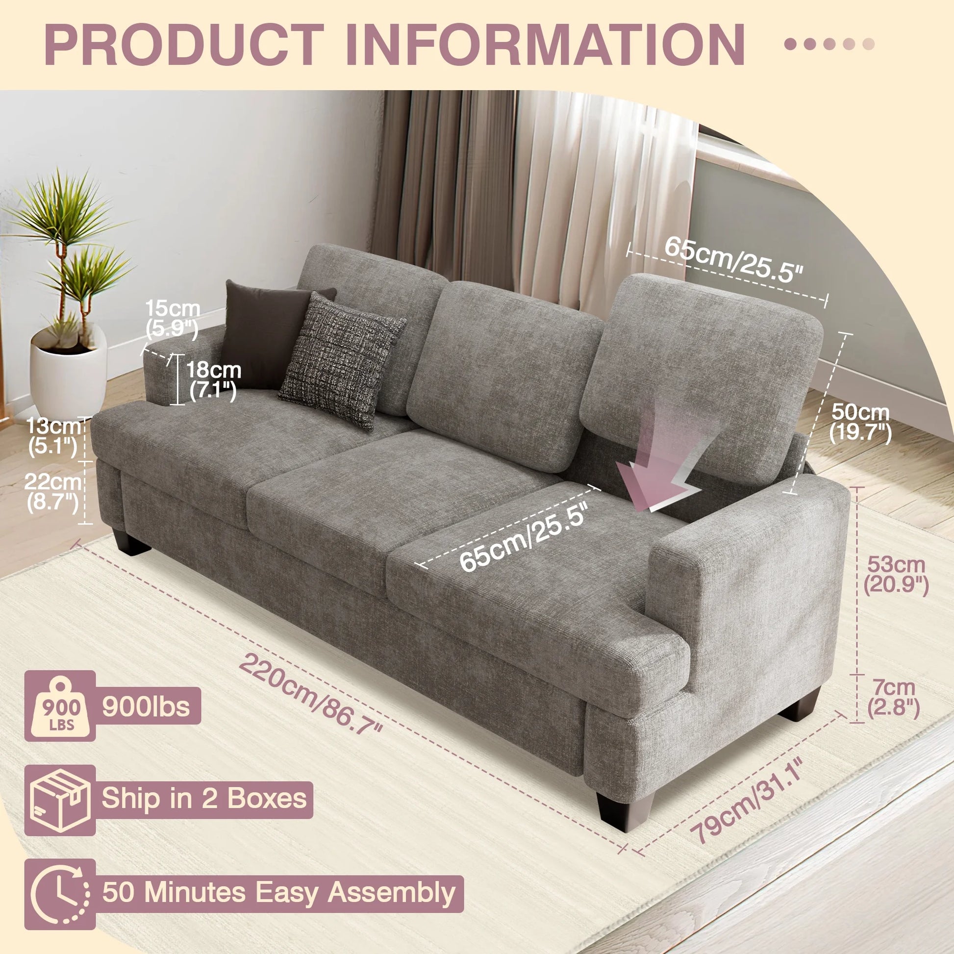 Comfy Sofa Couch, Upholstered Deep 3 Seats Sofa for Living Room, Chenille Fabric Sofa Couch with Reovable Cover, Gray
