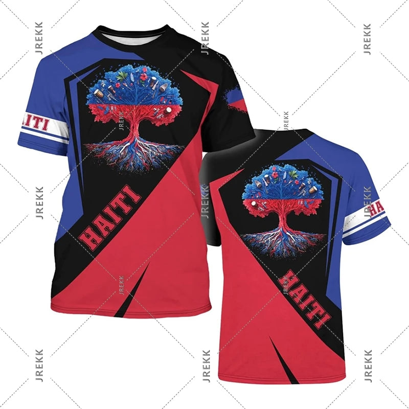 Haiti Flag Day Short Sleeve T-Shirt for Men Women Festival Street Popular Clothes O-Neck T Shirts May 18 Red Blue Print Tee Top