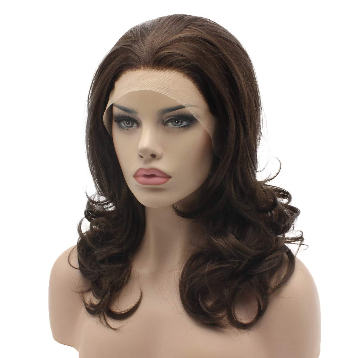 Medium Length 16Inch Ash Brown Mix Wig Heat Friendly Heavy Density Synthetic Lace Front Wig