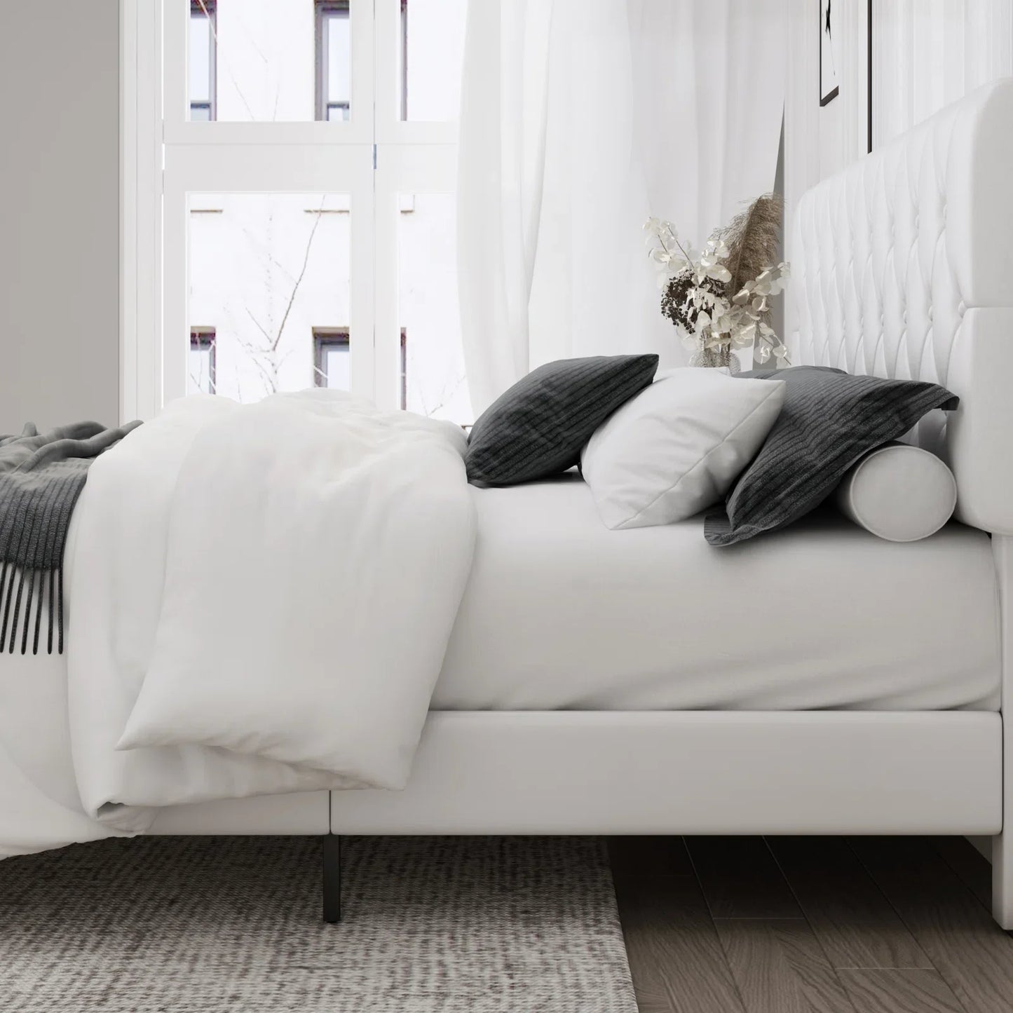 Full Bed Frame, White Faux Leather Upholstered Button Tufted Low Profile Platform Bed Frame with Adjustable Headboard for Bedroom