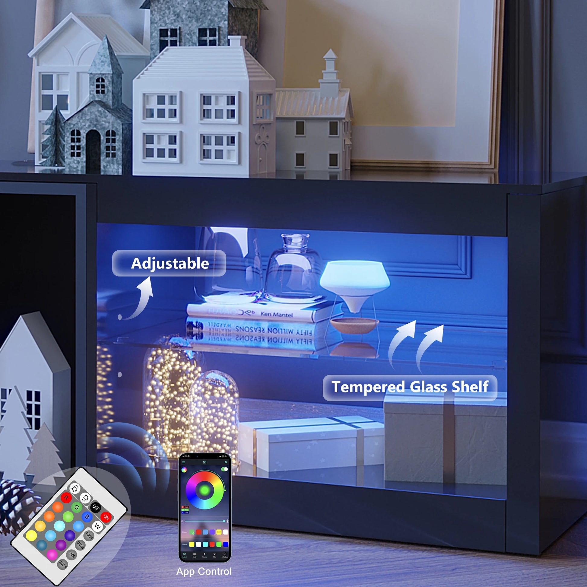 55" LED TV Stand for 55/60" TV, Modern High Gloss TV Cabinet Entertainment Center W/6.5Ft Power Outlet &Adjustable Glass Shelves