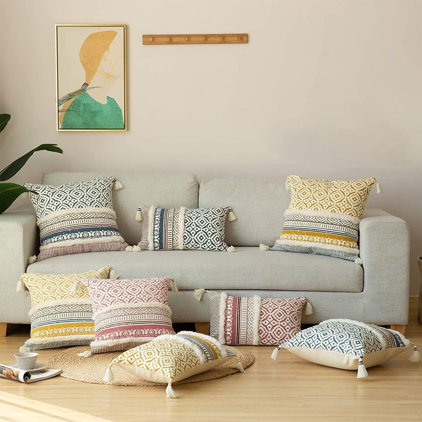 Boho Tufted Decorative Throw Pillow Covers for Couch Sofa - Modern Moroccan Pillow Case with Tassels, Accent Decor Large Pillowcase for Bedroom Living Room Car Hotel, 22 X 22 Inches, Yellow