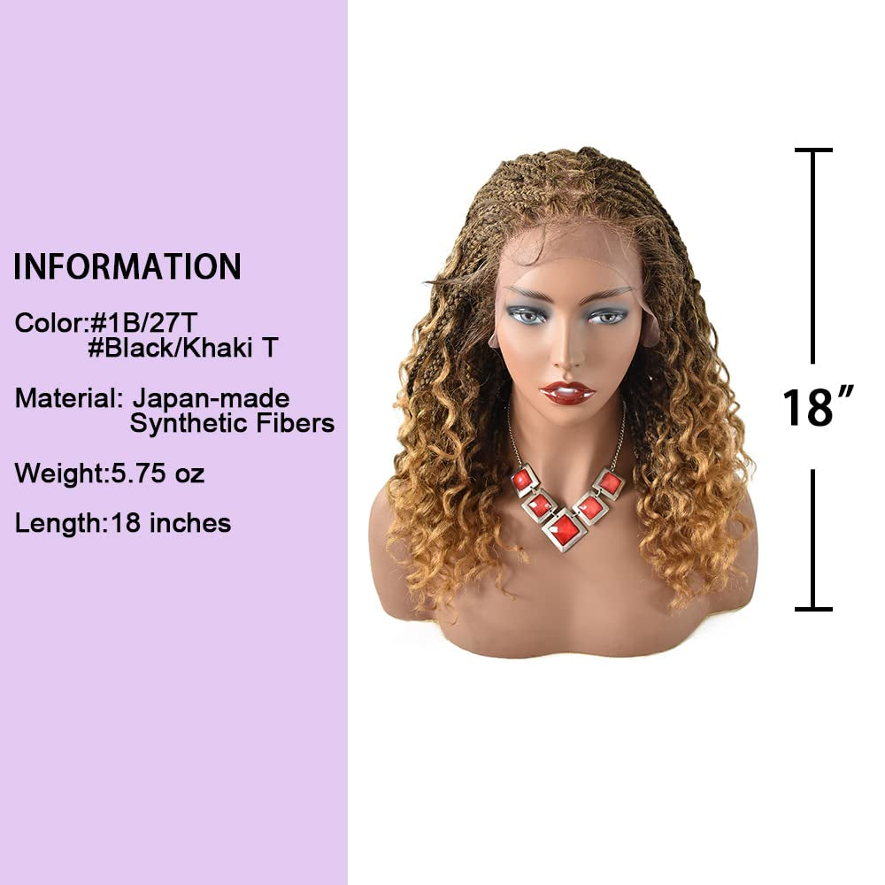 Swiss Lace Braided Wigs for Black Women 18 Inch Braids Wig with Baby Hair Premium Synthetic Wavy Hair Twist Box Braids Wigs Soft HD Lace Braiding Wig (#1B/27T-#Black/Khakit)