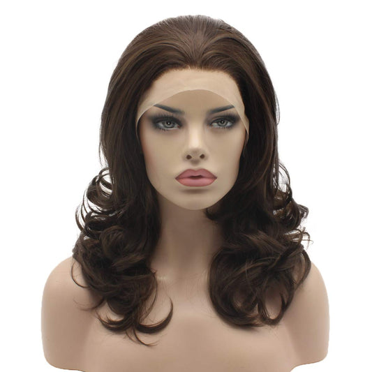 Medium Length 16Inch Ash Brown Mix Wig Heat Friendly Heavy Density Synthetic Lace Front Wig