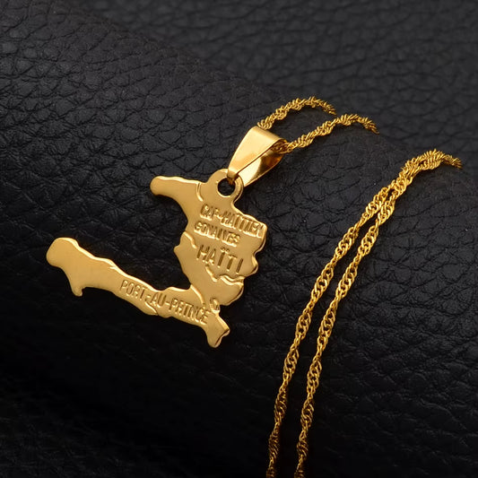 Haiti Map Necklace Pendants for Women Girls,Gold Color Ayiti Jewelry Map of Haiti #003910
