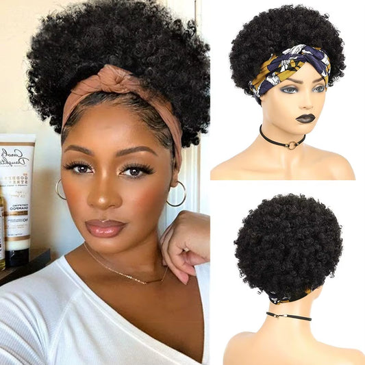 Headband Wig Afro Curly Scarf Wig Brazilian Remy Human Hair for African Women Turban Wrap-Wig Afro Puff Half Hair Up-Do Wig