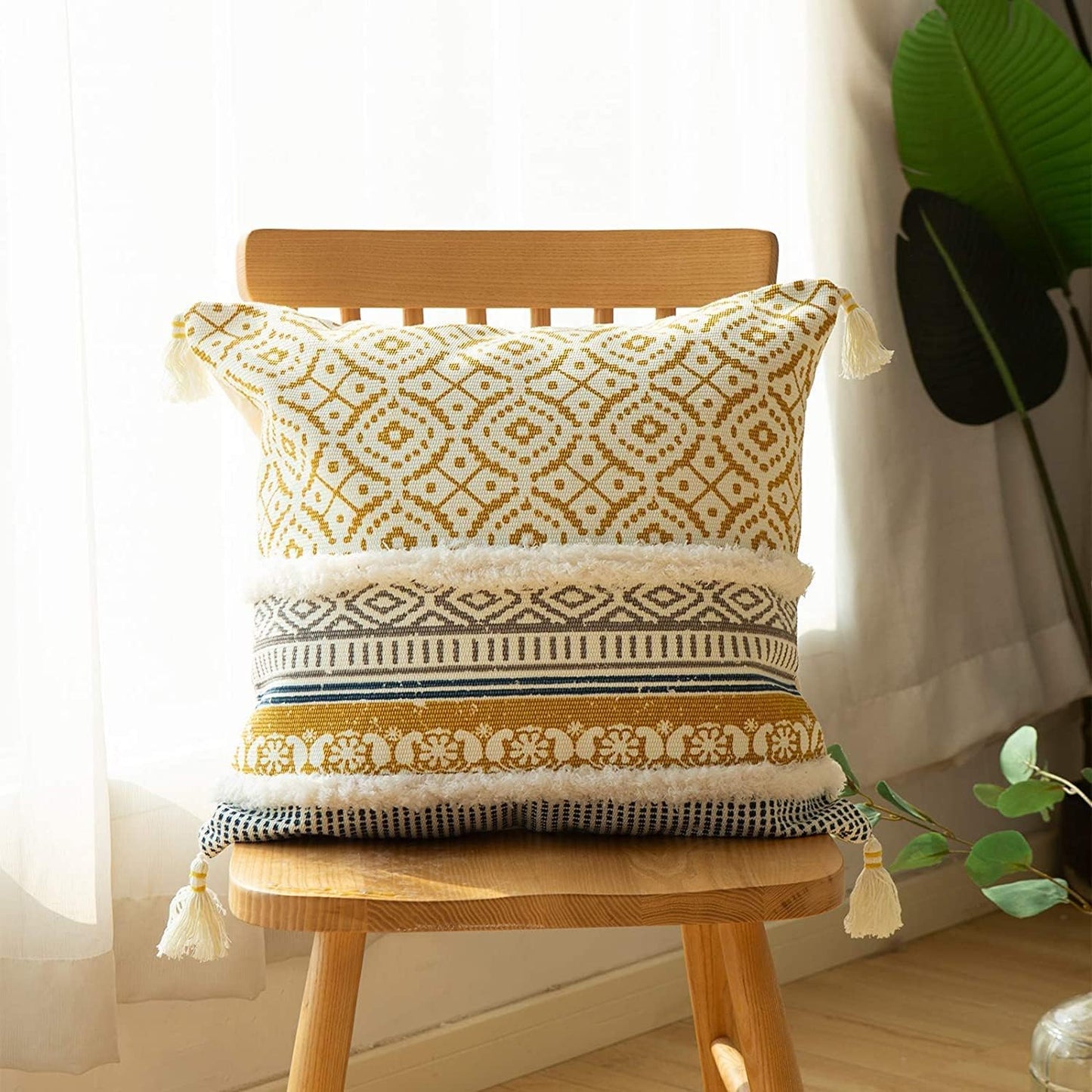 Boho Tufted Decorative Throw Pillow Covers for Couch Sofa - Modern Moroccan Pillow Case with Tassels, Accent Decor Large Pillowcase for Bedroom Living Room Car Hotel, 22 X 22 Inches, Yellow