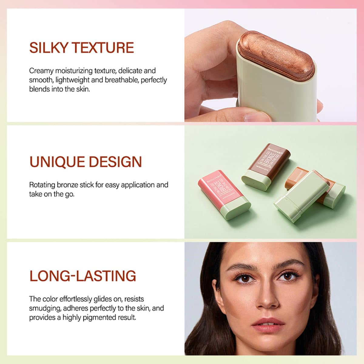 Cream Contour Stick,Versatile Bronzer Facial Contouring Stick,Long Lasting Highlighter Waterproof Facial Shaping,Buildable Highlight Contour Makeup Natural Radiant Look,03 Rich Glow